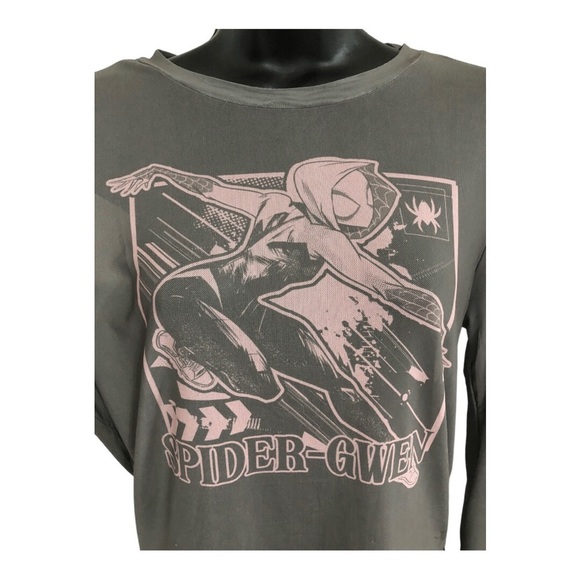 Marvel’s Spiderman Gwen olive green brown pink graphic print sheer mesh top sz L - Picture 4 of 16